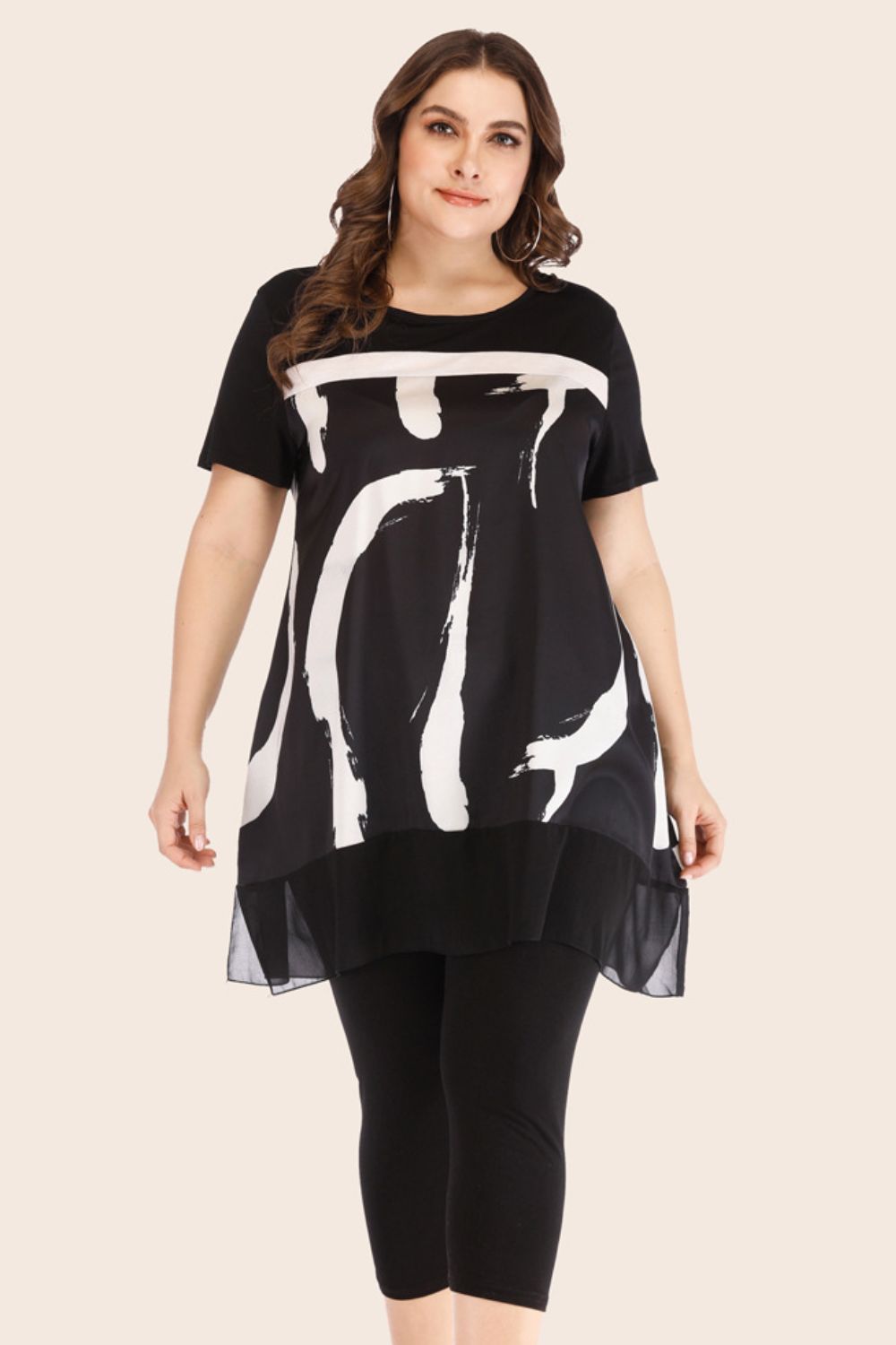 Plus Size Mesh T-Shirt and Cropped Leggings Set - Kalizeh