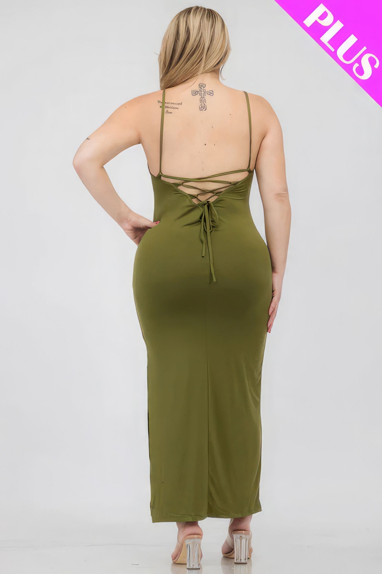 Plus Size Olive Crisscross Back Split Thigh Maxi Dress - Kalizeh