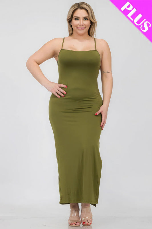 Plus Size Olive Crisscross Back Split Thigh Maxi Dress - Kalizeh