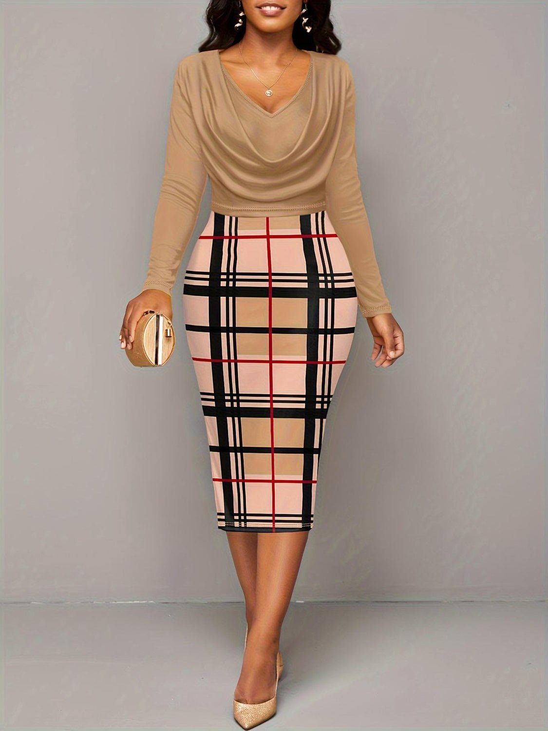 Plus Size Plaid Long Sleeve Mini Dress - Kalizeh