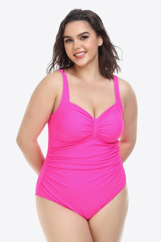 Plus Size Plunge Neck One-Piece Swimsuit - Kalizeh