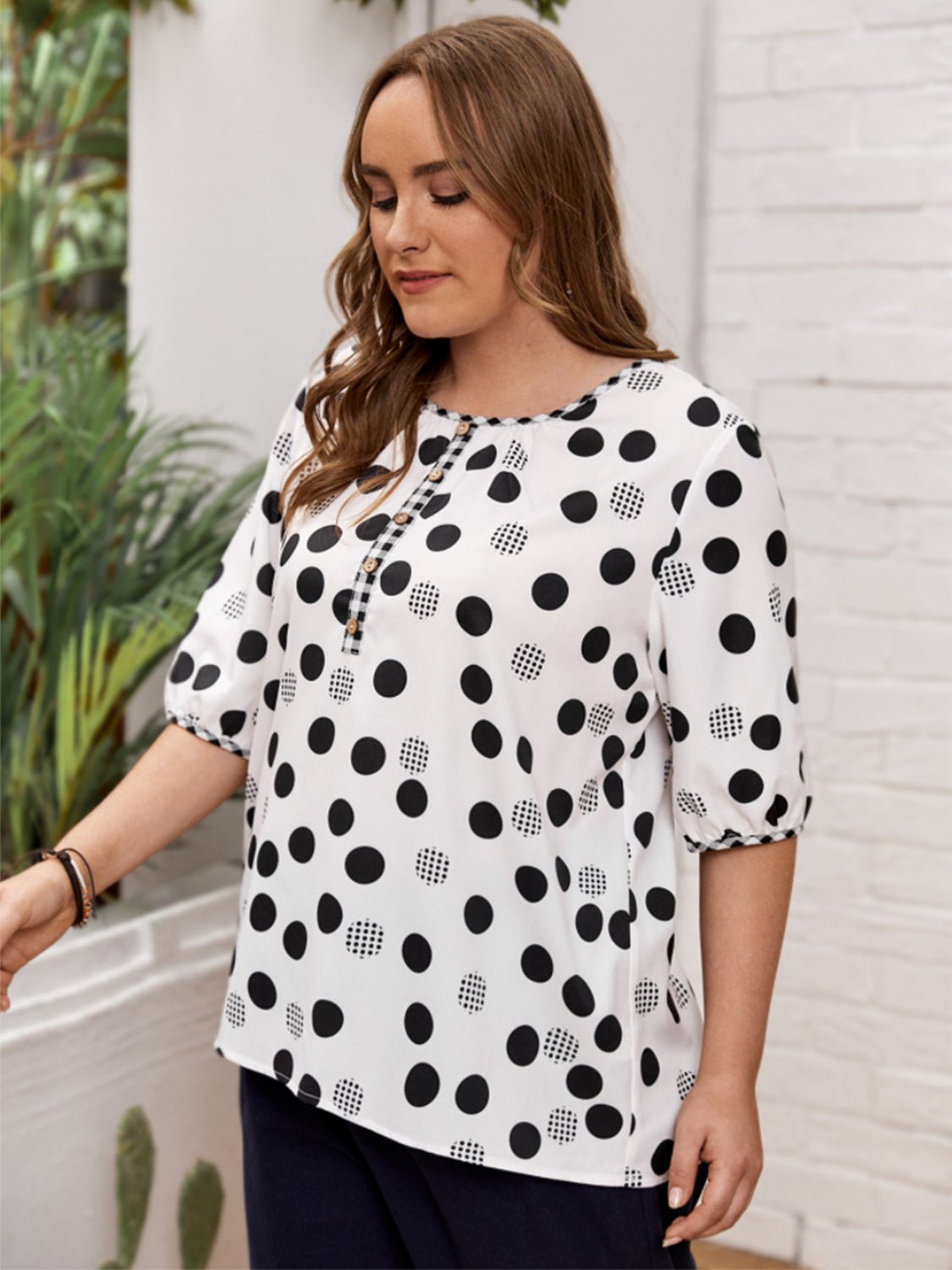 Plus Size Polka Dot Half Sleeve Blouse - Kalizeh