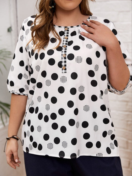 Plus Size Polka Dot Half Sleeve Blouse - Kalizeh