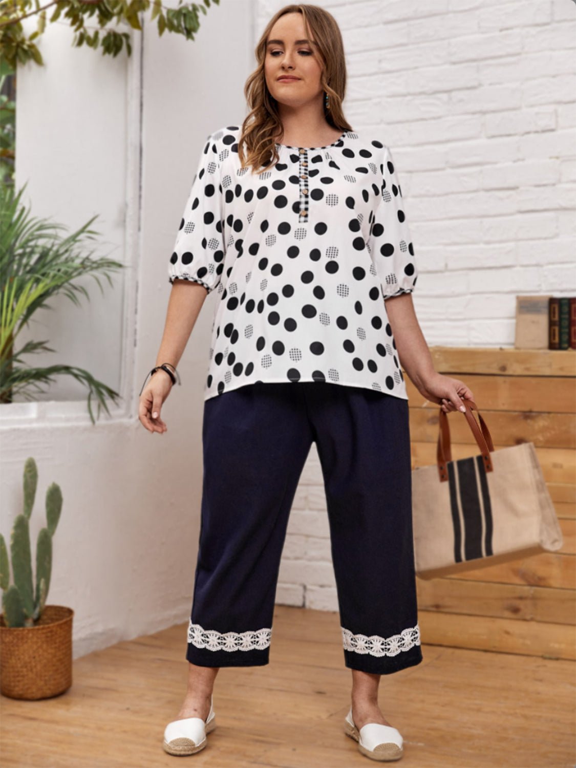 Plus Size Polka Dot Half Sleeve Blouse - Kalizeh