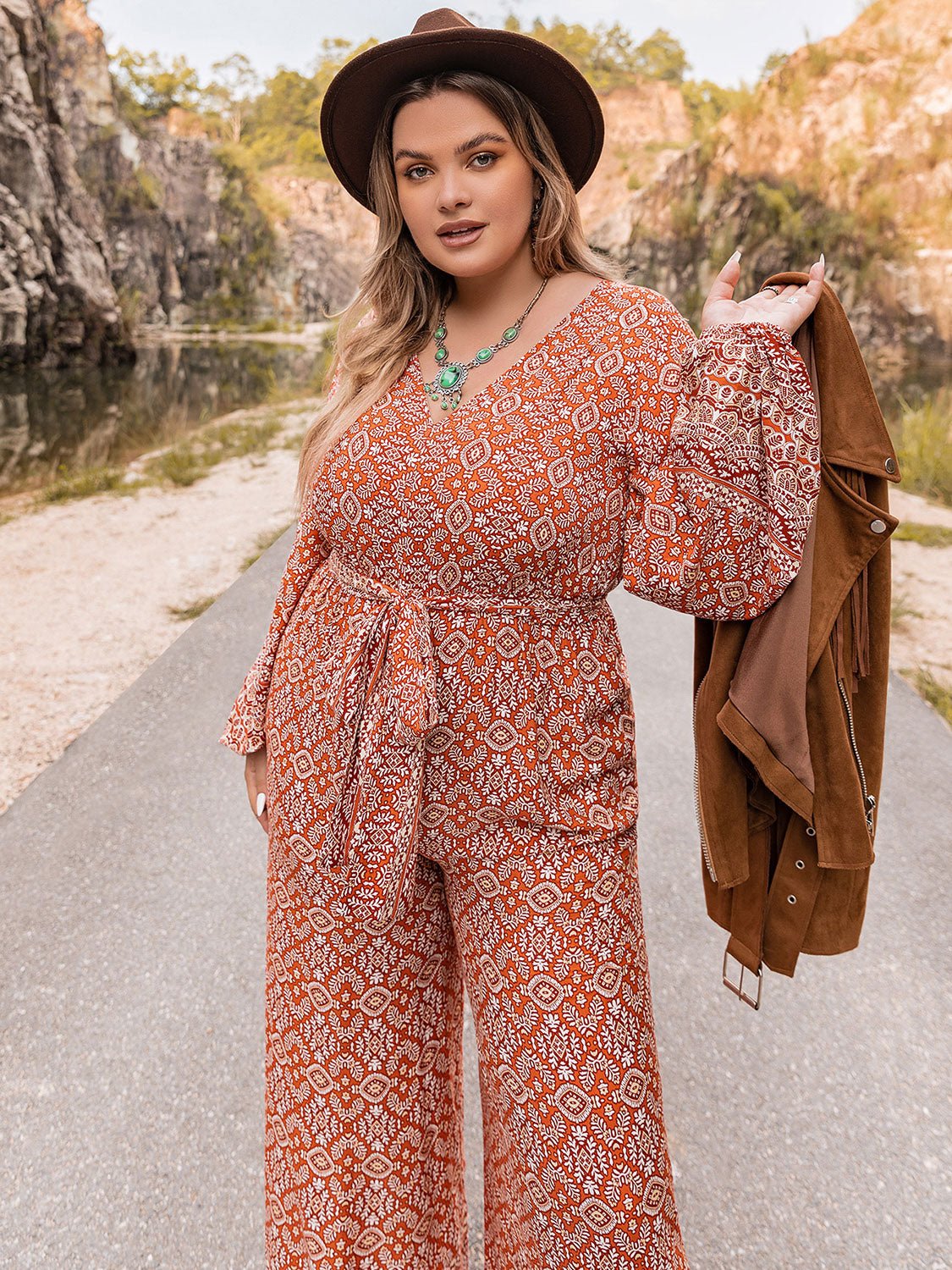 Plus Size Printed Basic Style Tied Jumpsuit - Kalizeh