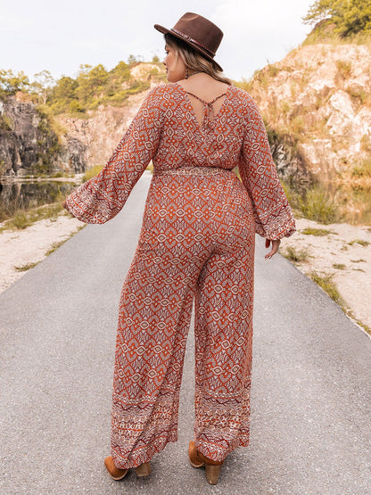 Plus Size Printed Basic Style Tied Jumpsuit - Kalizeh