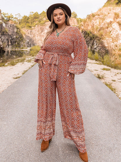 Plus Size Printed Basic Style Tied Jumpsuit - Kalizeh