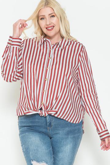 Plus Size Red Multi-Stripe Side Slit Cotton Shirt - Kalizeh