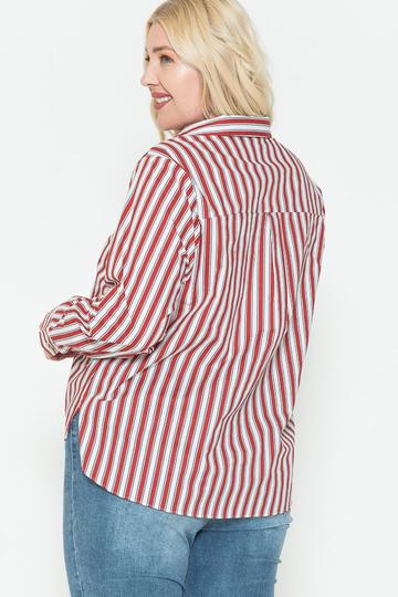 Plus Size Red Multi-Stripe Side Slit Cotton Shirt - Kalizeh