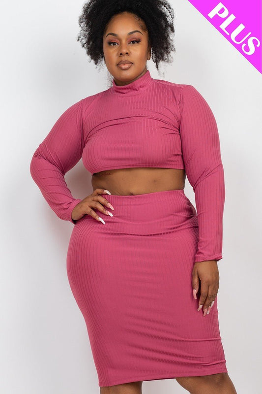 Plus Size Ribbed Mock Neck Crop Top & Midi Skirt Set - Kalizeh