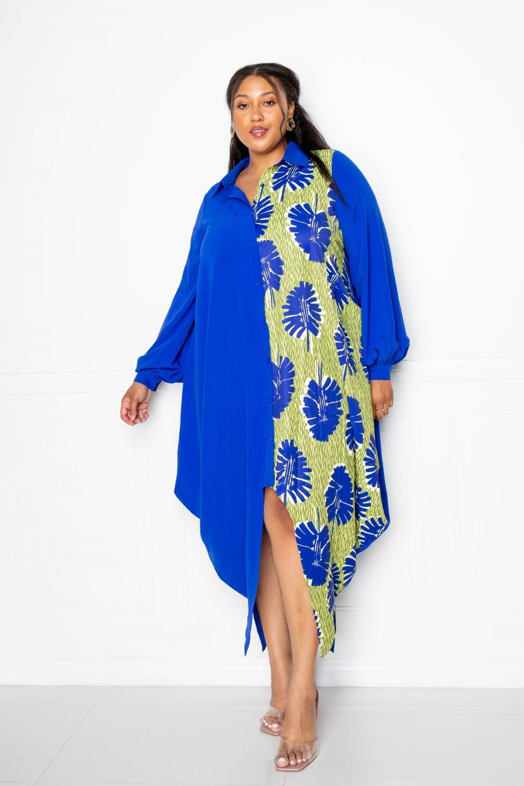 Plus Size Royal Multi Print Drapey Shirt Maxi Dress - Kalizeh