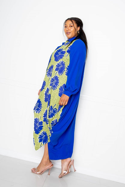 Plus Size Royal Multi Print Drapey Shirt Maxi Dress - Kalizeh