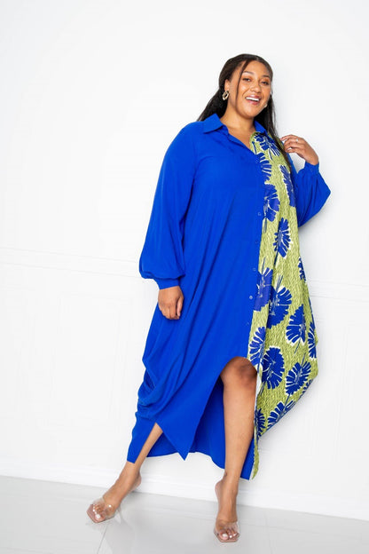 Plus Size Royal Multi Print Drapey Shirt Maxi Dress - Kalizeh