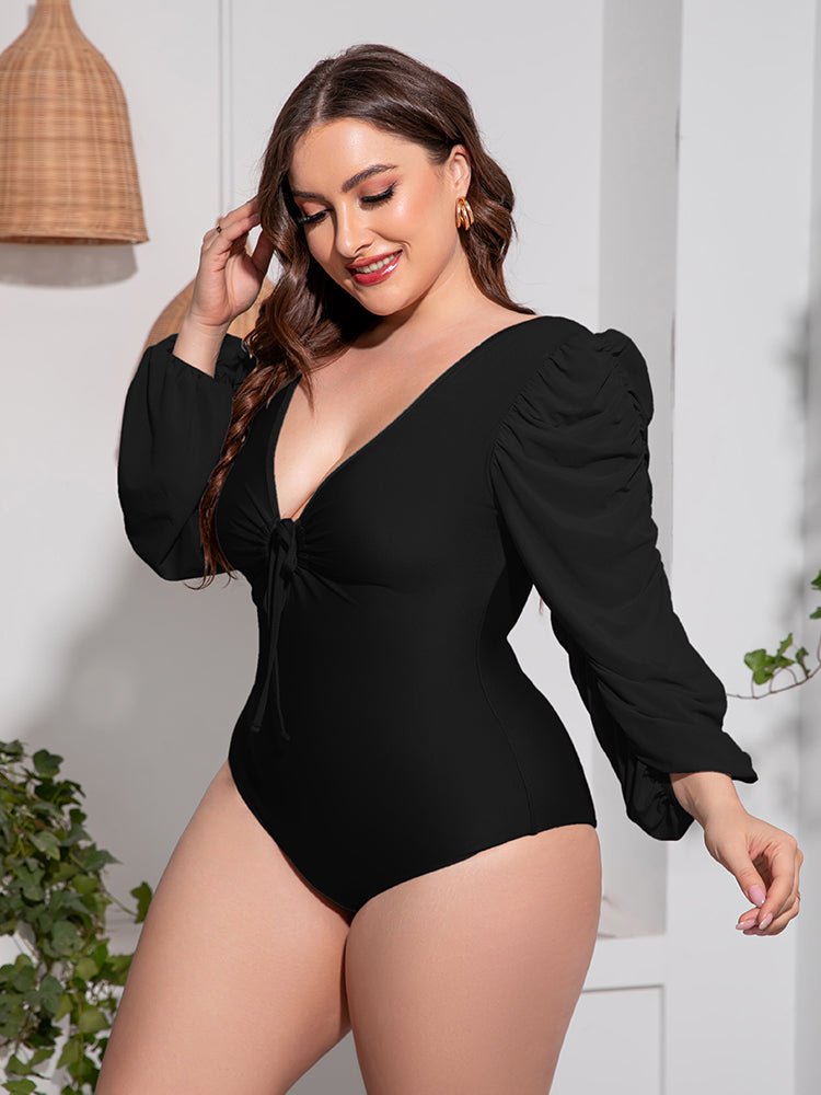 Plus Size Tied Deep V Balloon Sleeve Swimsuit - Kalizeh