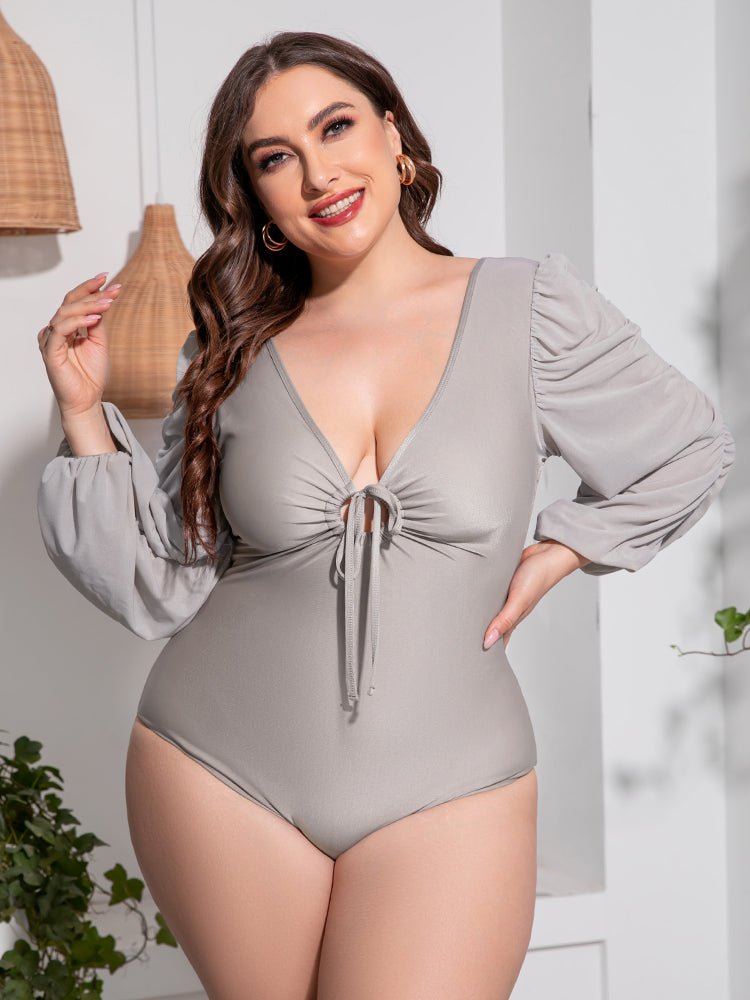 Plus Size Tied Deep V Balloon Sleeve Swimsuit - Kalizeh