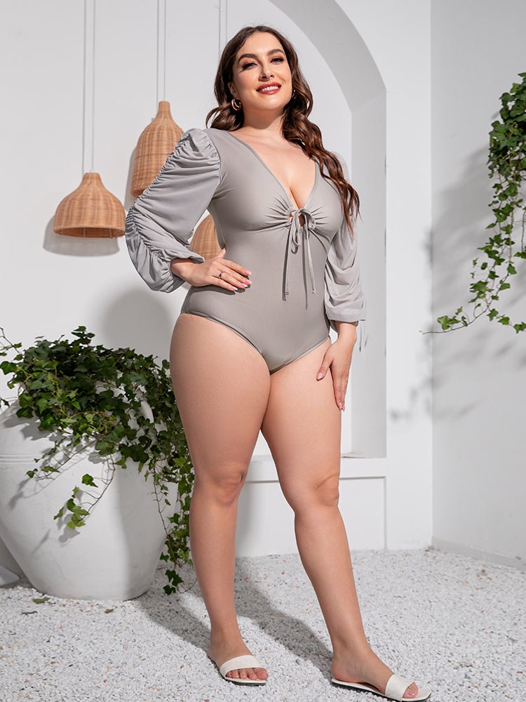 Plus Size Tied Deep V Balloon Sleeve Swimsuit - Kalizeh