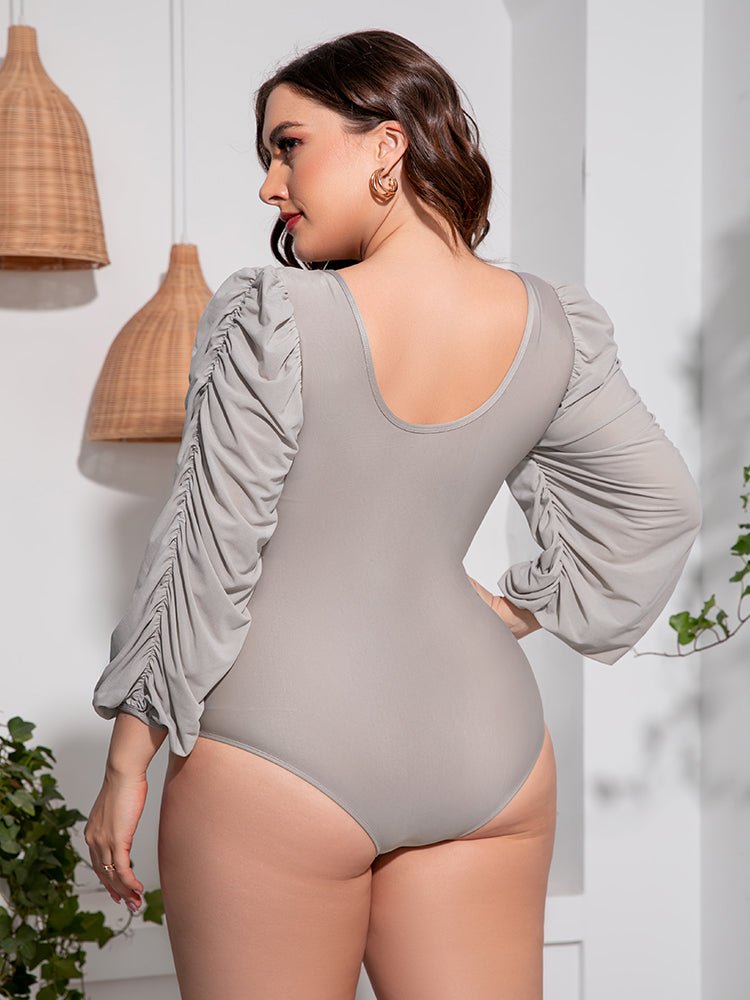 Plus Size Tied Deep V Balloon Sleeve Swimsuit - Kalizeh