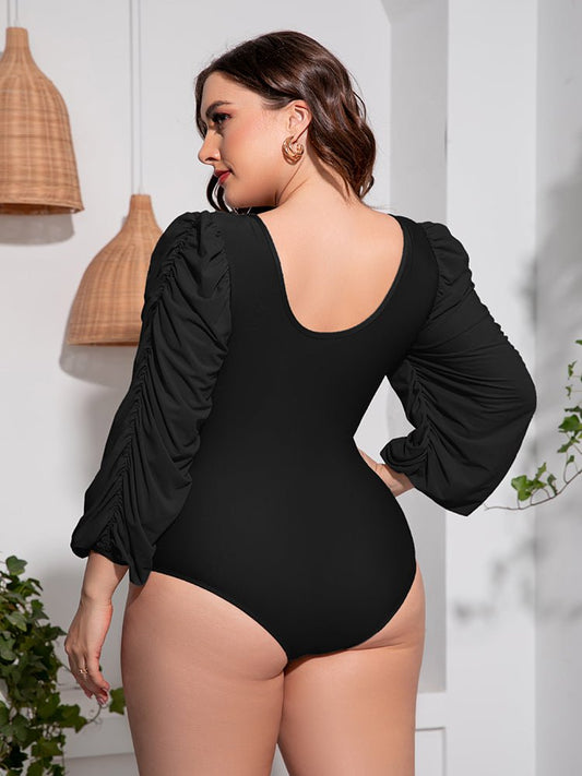 Plus Size Tied Deep V Balloon Sleeve Swimsuit - Kalizeh