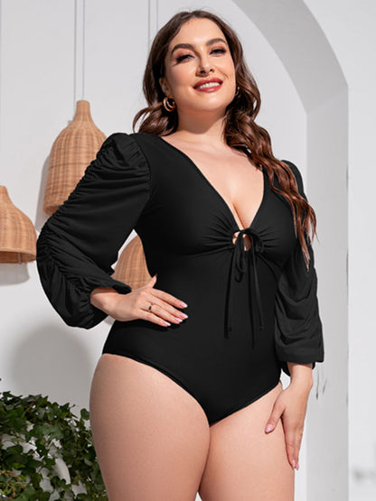 Plus Size Tied Deep V Balloon Sleeve Swimsuit - Kalizeh