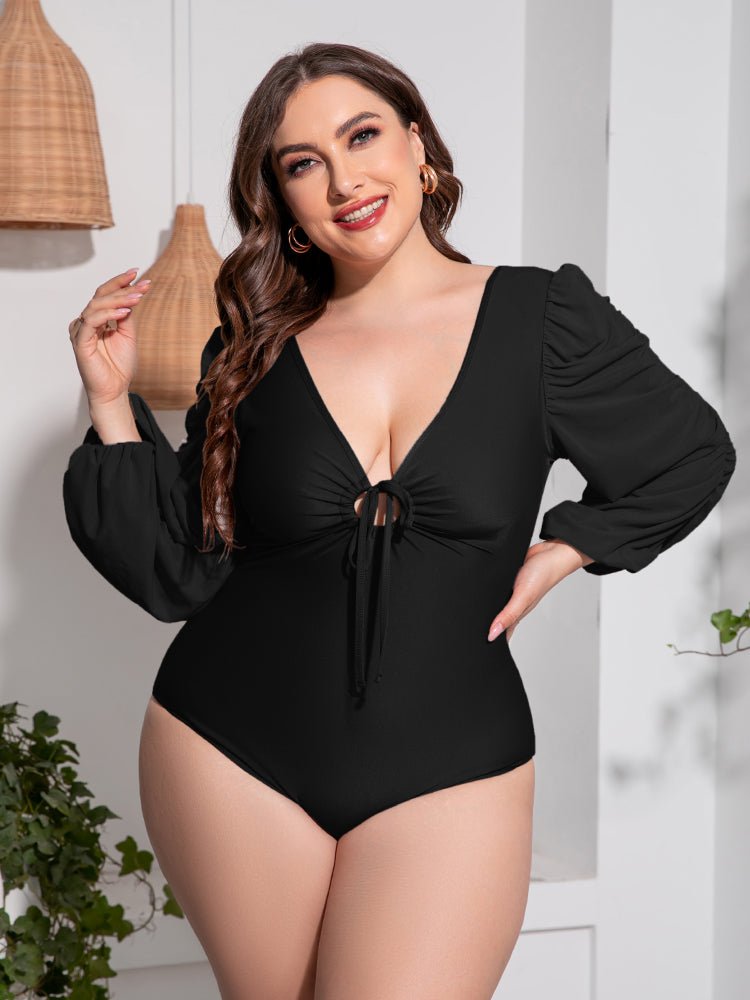 Plus Size Tied Deep V Balloon Sleeve Swimsuit - Kalizeh