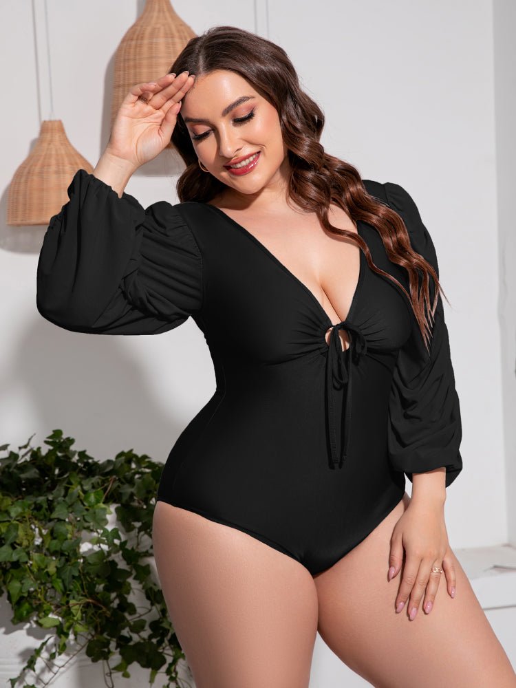 Plus Size Tied Deep V Balloon Sleeve Swimsuit - Kalizeh