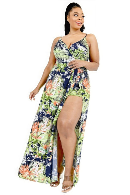 Plus Size Tropical Leaf Print Maxi Wrap Dress - Kalizeh