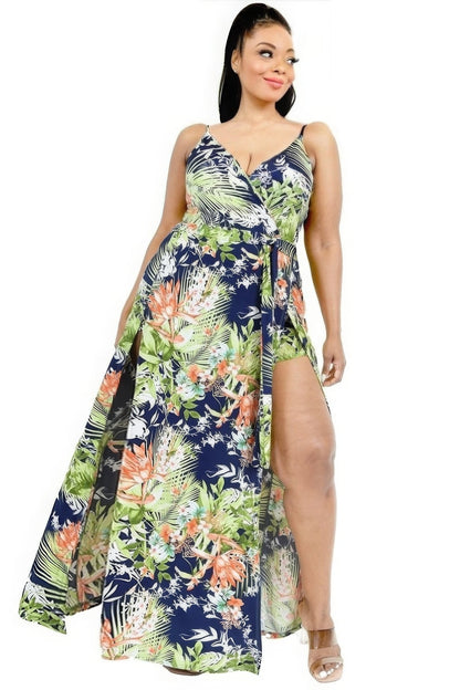 Plus Size Tropical Leaf Print Maxi Wrap Dress - Kalizeh