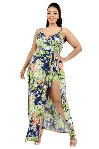 Plus Size Tropical Leaf Print Maxi Wrap Dress - Kalizeh