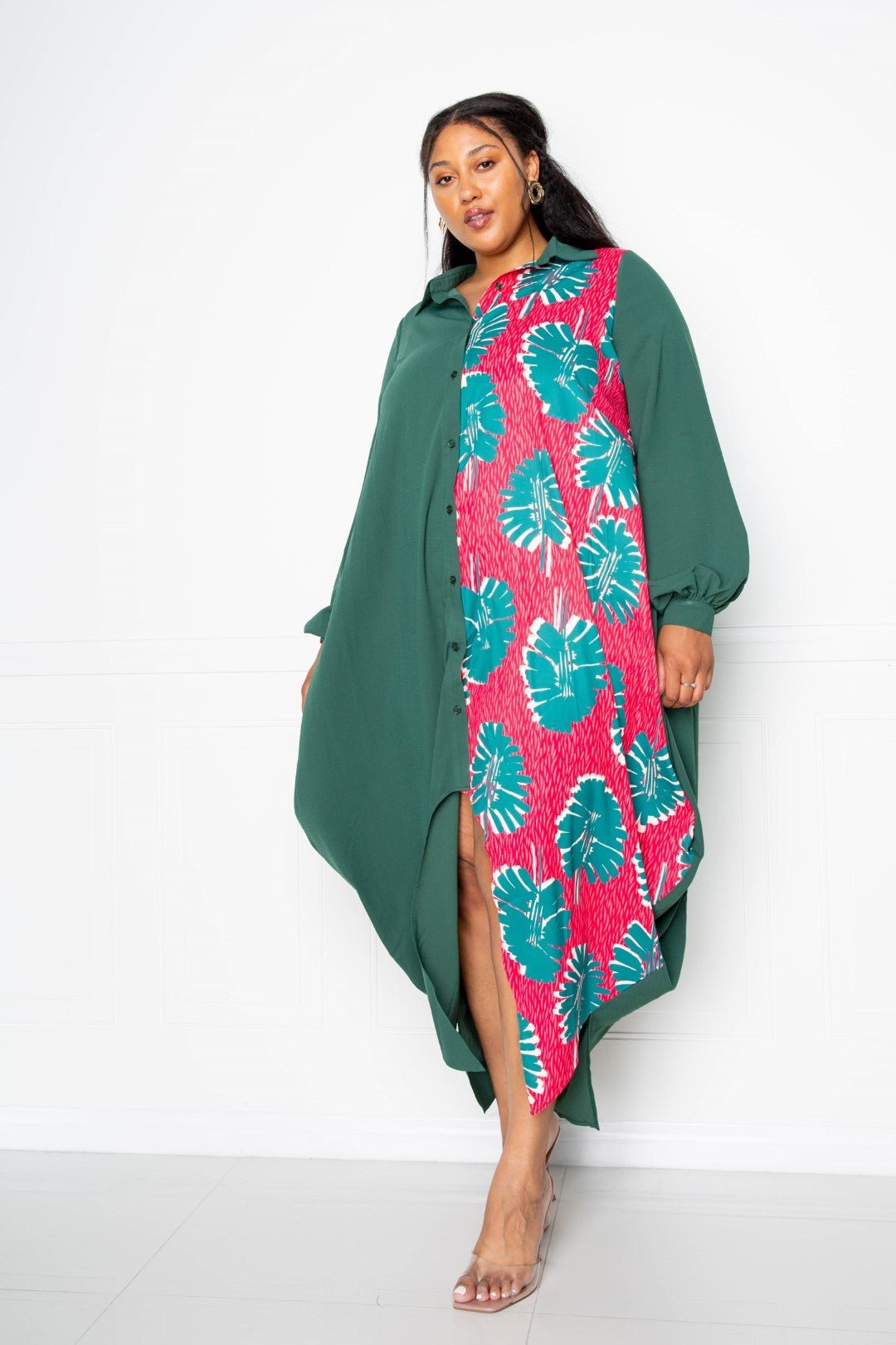 Plus Size Vibrant Teal Multi Print Drapey Shirt Maxi Dress - Kalizeh