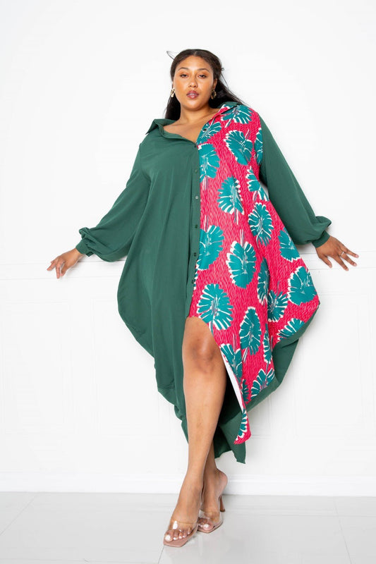 Plus Size Vibrant Teal Multi Print Drapey Shirt Maxi Dress - Kalizeh