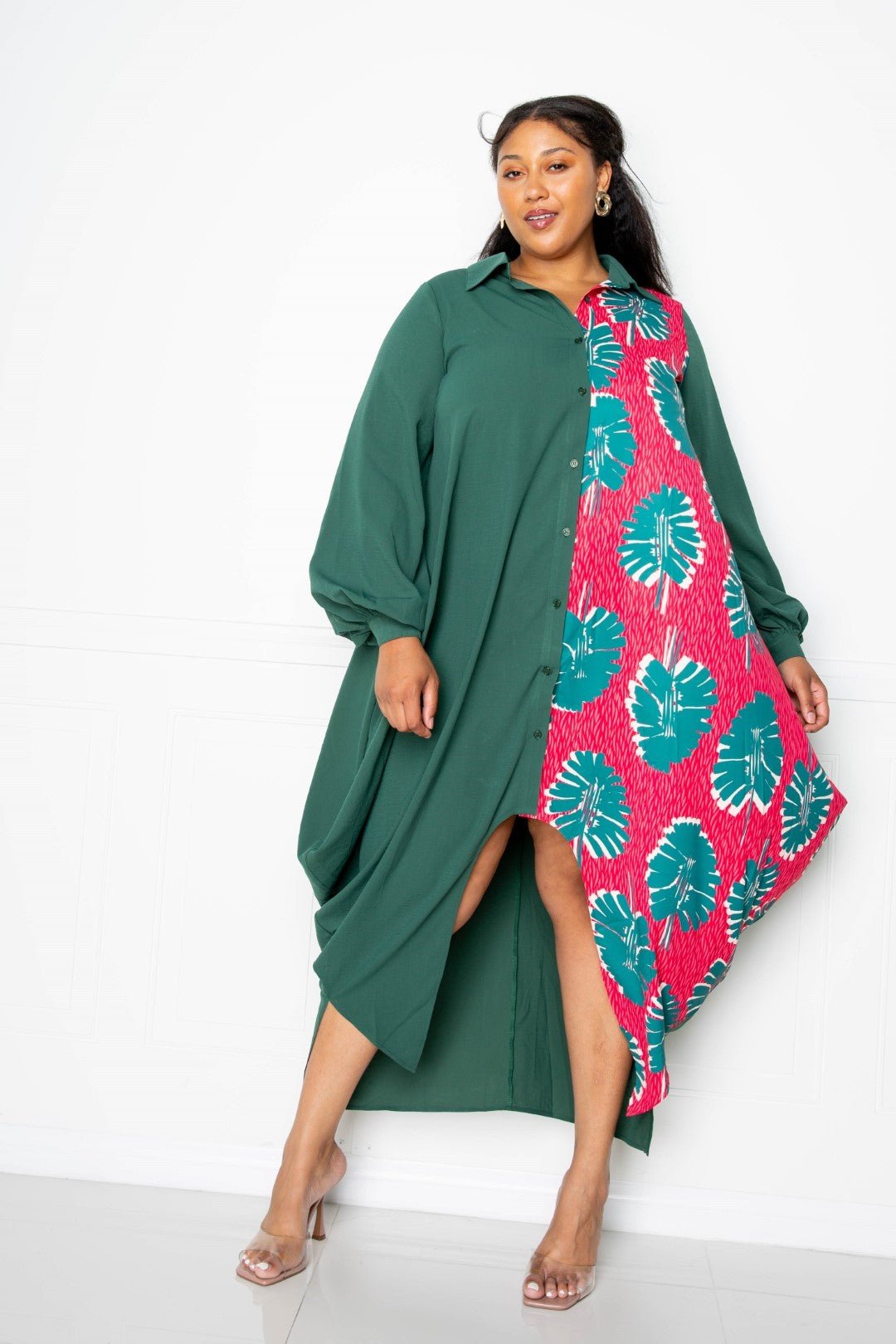 Plus Size Vibrant Teal Multi Print Drapey Shirt Maxi Dress - Kalizeh