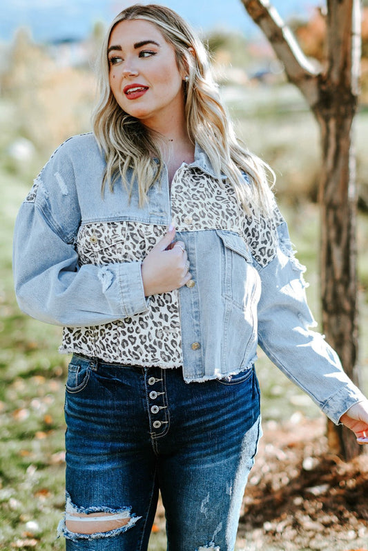 Plus Size Wildly Chic Leopard Print Distressed Denim Jacket - Kalizeh