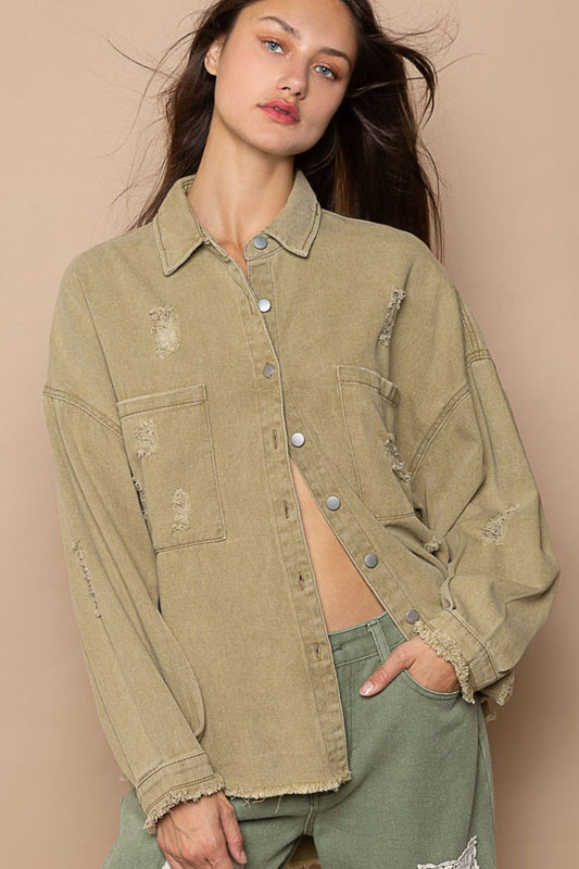 POL Button Down Raw Hem Distressed Shacket - Kalizeh