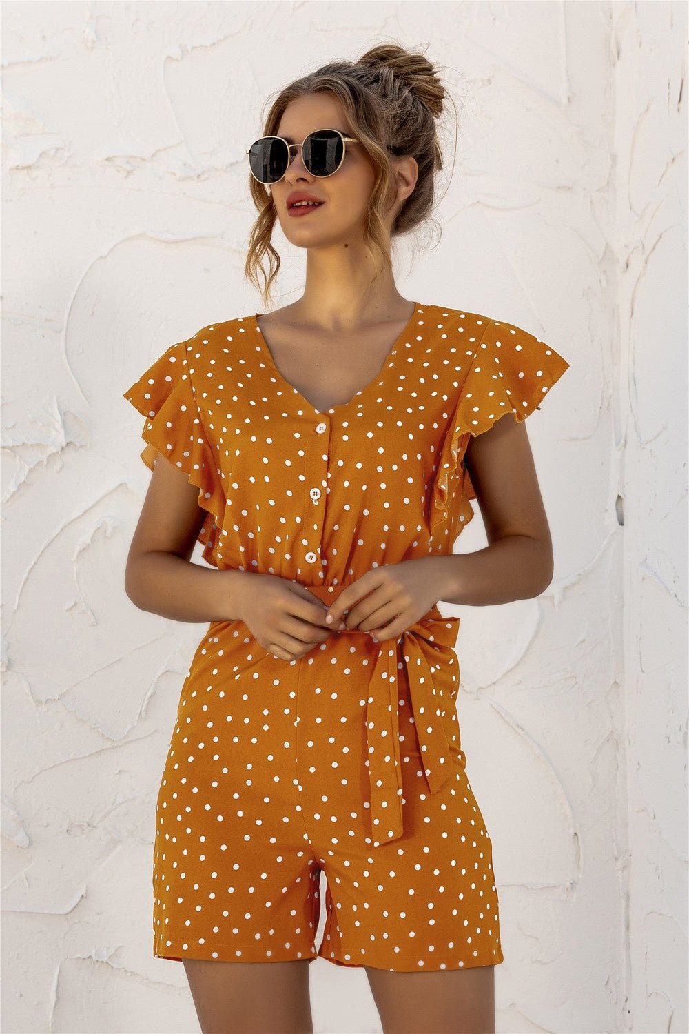 Polished Buttoned Polka Dot Romper - Kalizeh