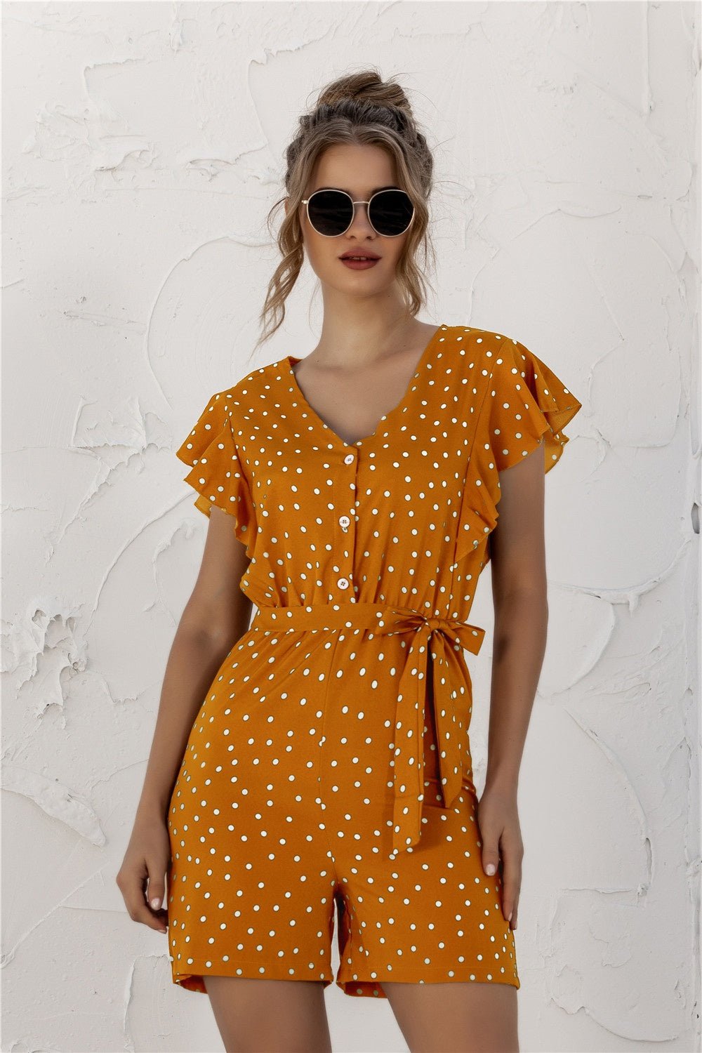 Polished Buttoned Polka Dot Romper - Kalizeh