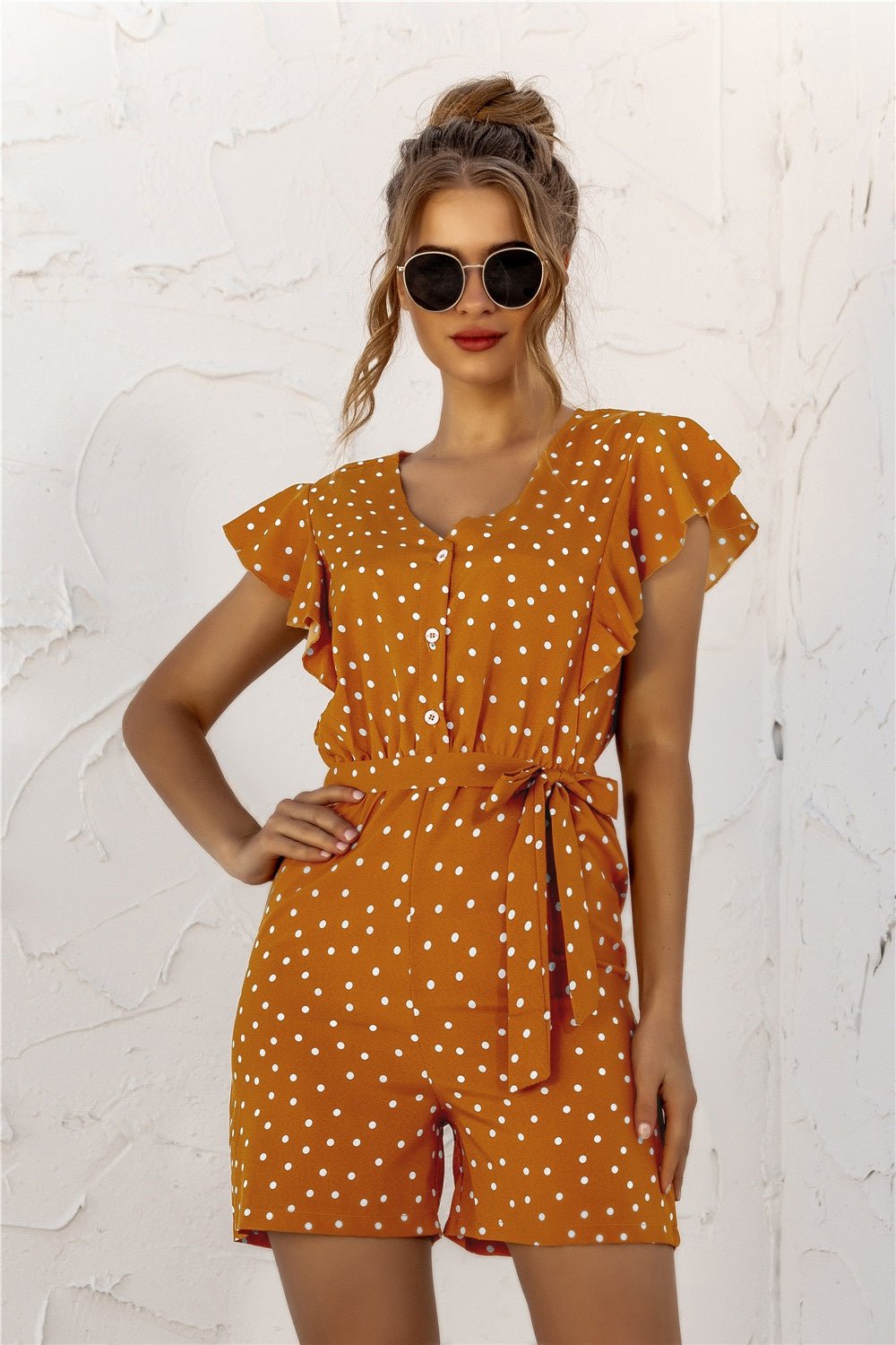 Polished Buttoned Polka Dot Romper - Kalizeh