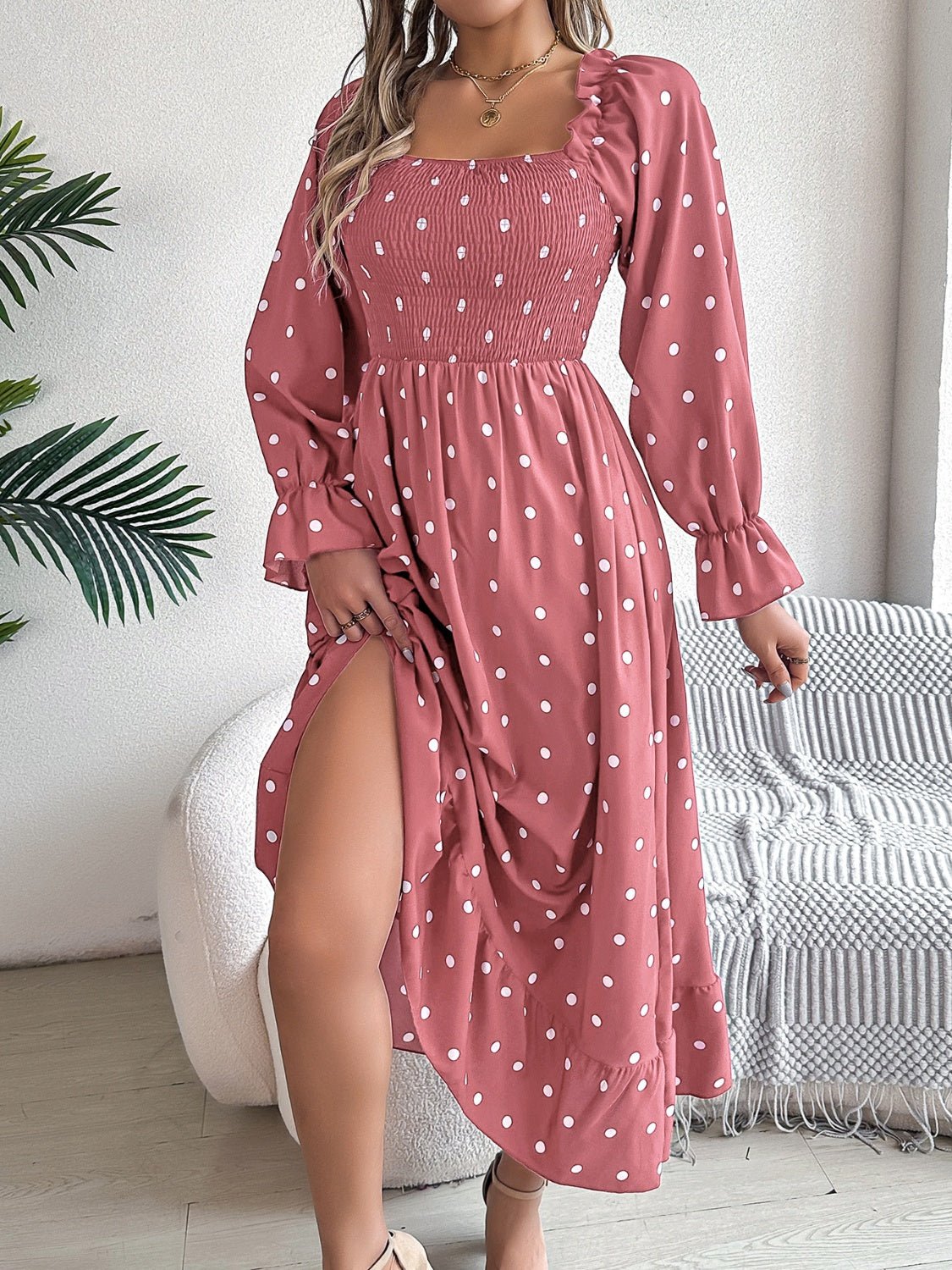 Polka Dot Flounce Sleeve Midi Dress - Kalizeh