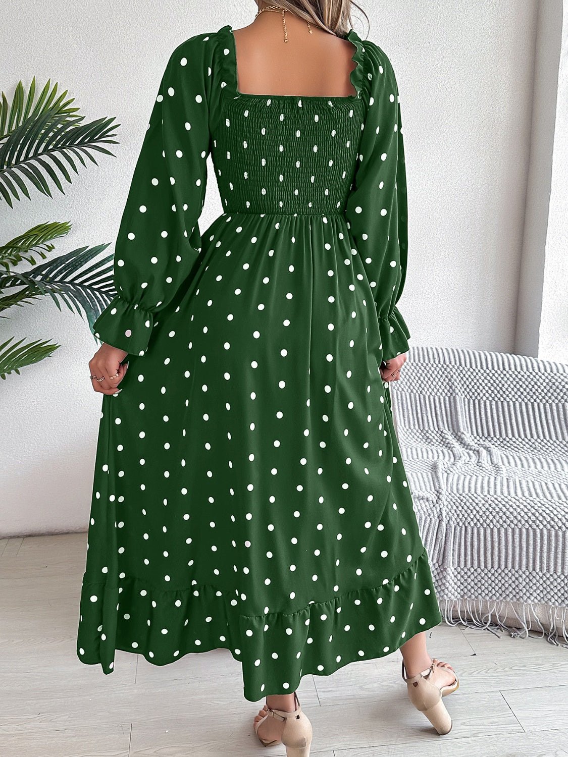 Polka Dot Flounce Sleeve Midi Dress - Kalizeh