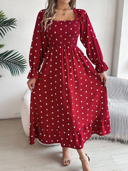 Polka Dot Flounce Sleeve Midi Dress - Kalizeh