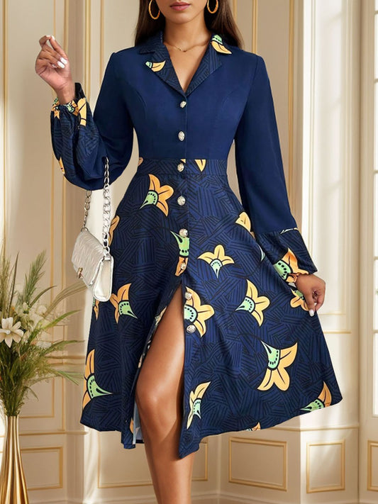 Printed Collared Neck Long Sleeve Dress - Kalizeh