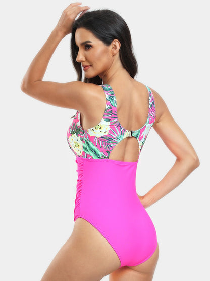 Printed Cutout Round Neck One-Piece Swimsuit - Kalizeh