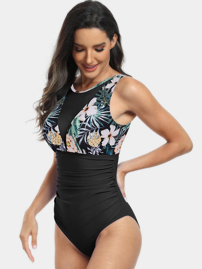 Printed Cutout Round Neck One-Piece Swimsuit - Kalizeh