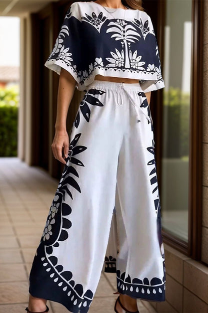 Printed Half Sleeve Top and Wide Leg Pants Set - Kalizeh