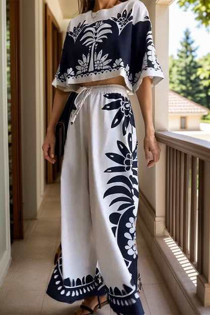 Printed Half Sleeve Top and Wide Leg Pants Set - Kalizeh