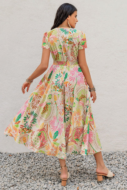 Printed V - Neck Short Sleeve Midi Dress - Kalizeh