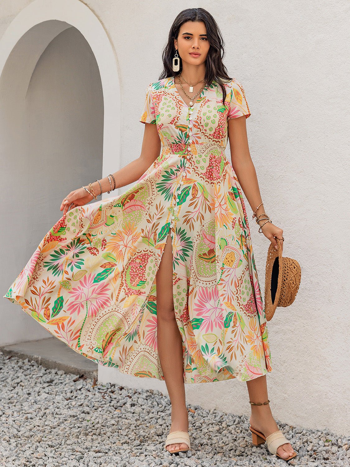 Printed V - Neck Short Sleeve Midi Dress - Kalizeh