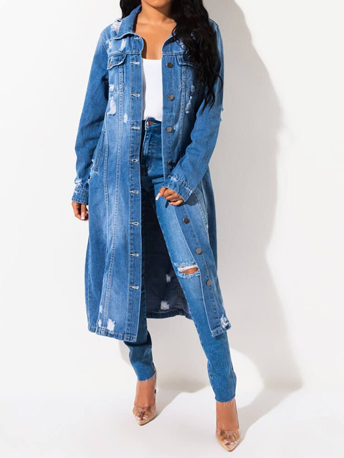 Raw Hem Long Sleeve Denim Jacket - Kalizeh