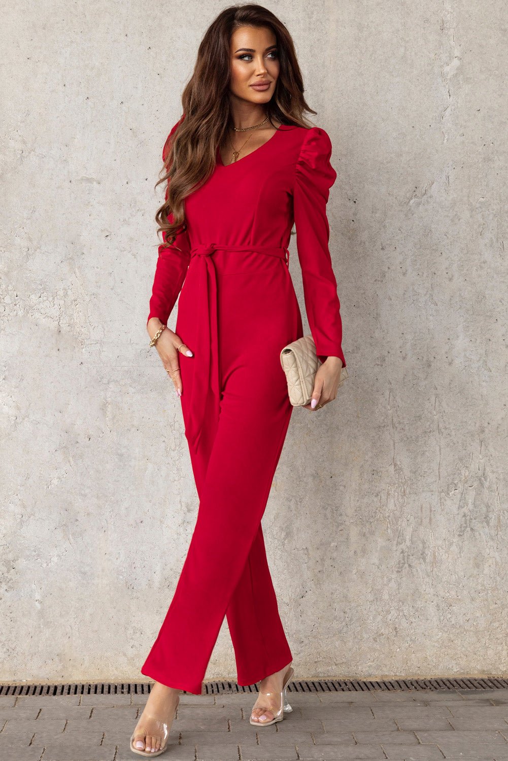 Refined Grace Belted Long Puff Sleeve V-Neck Jumpsuit - Kalizeh