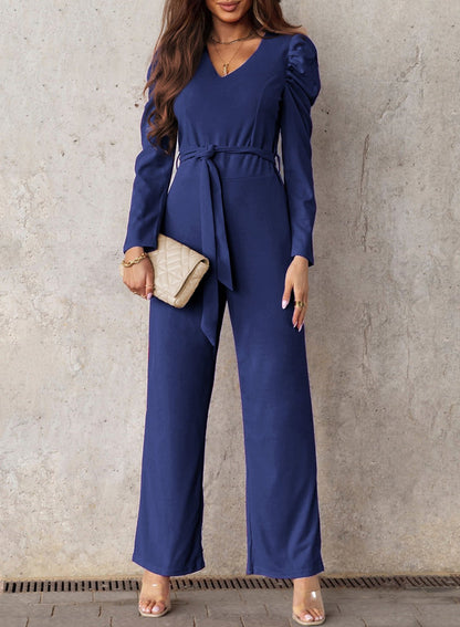 Refined Grace Belted Long Puff Sleeve V-Neck Jumpsuit - Kalizeh