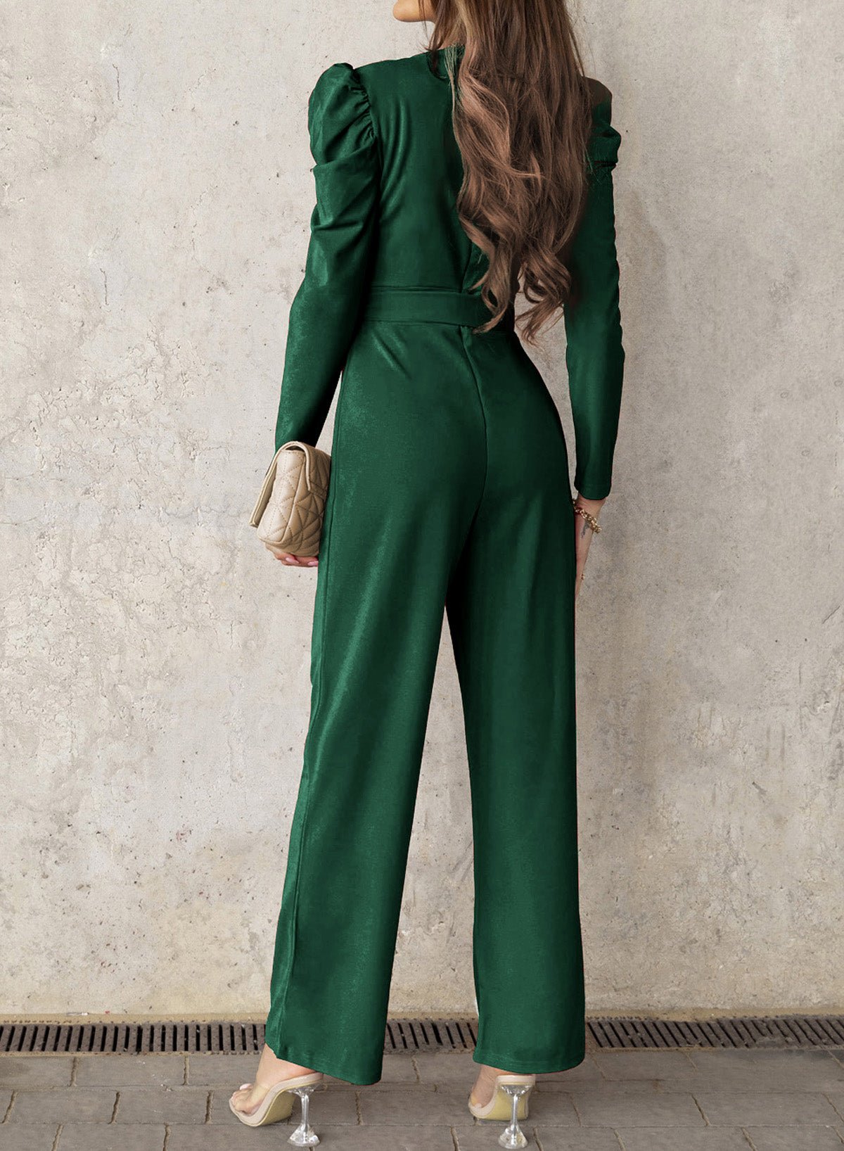 Refined Grace Belted Long Puff Sleeve V-Neck Jumpsuit - Kalizeh